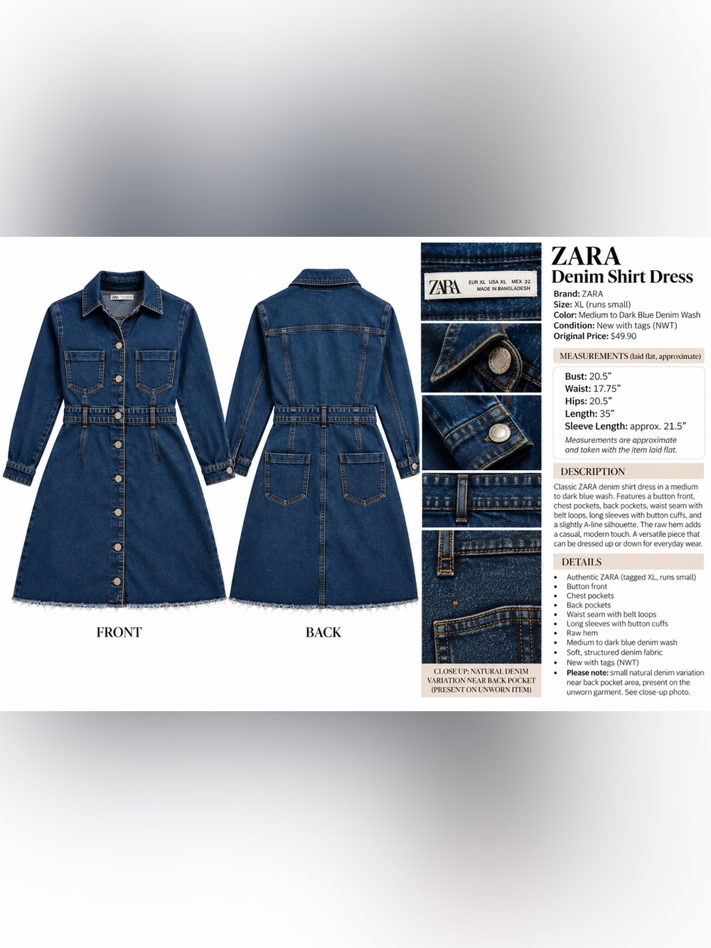ZARA Dark Blue Denim Long-Sleeve Shirt Dress